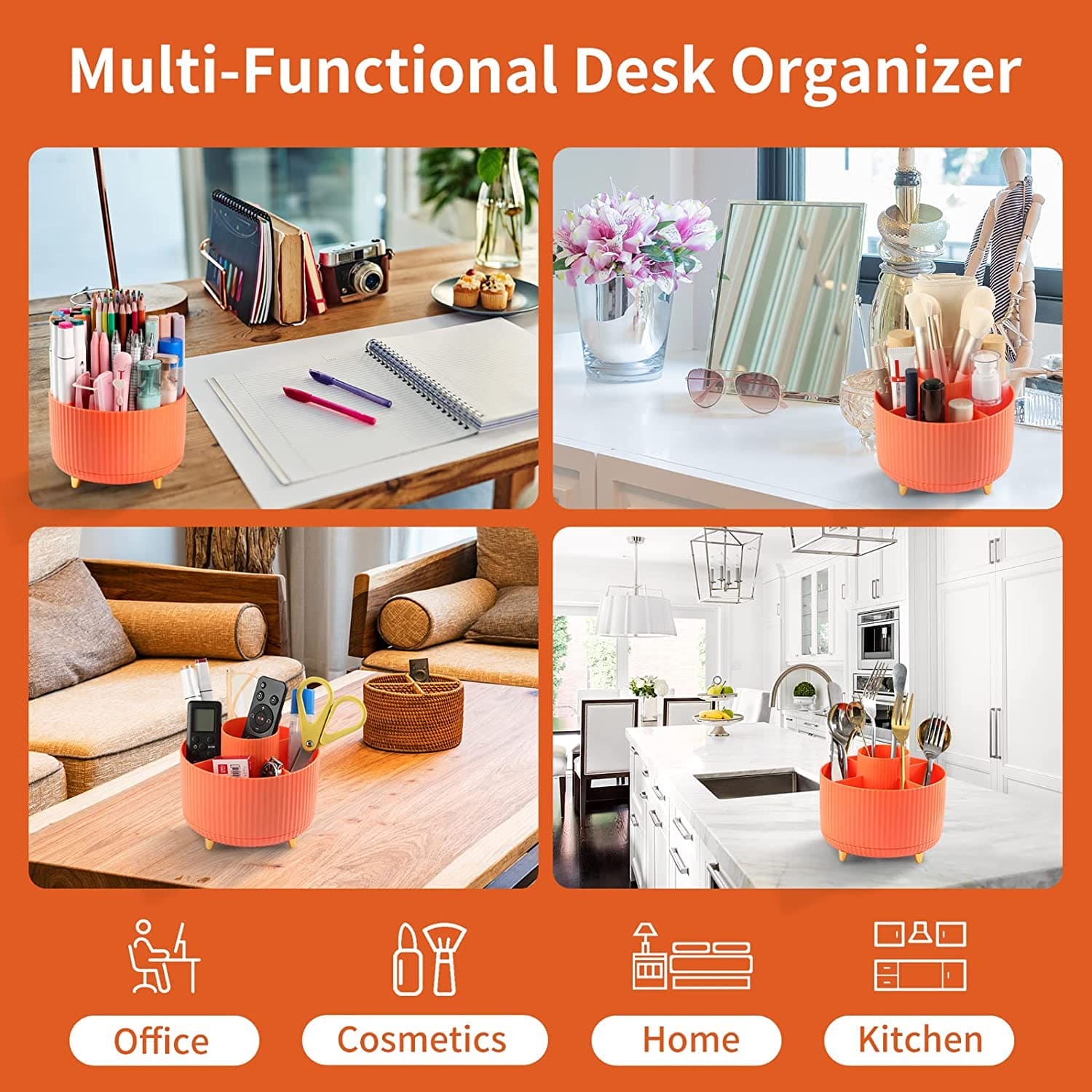 Versatile Desk Organizer, Multi Compartment Storage Box, 360°Rotating Desktop Makeup Brushes Organizer.