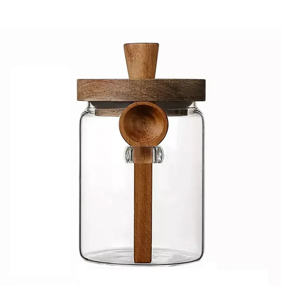 Wooden Knob Glass Jar With Spoon
