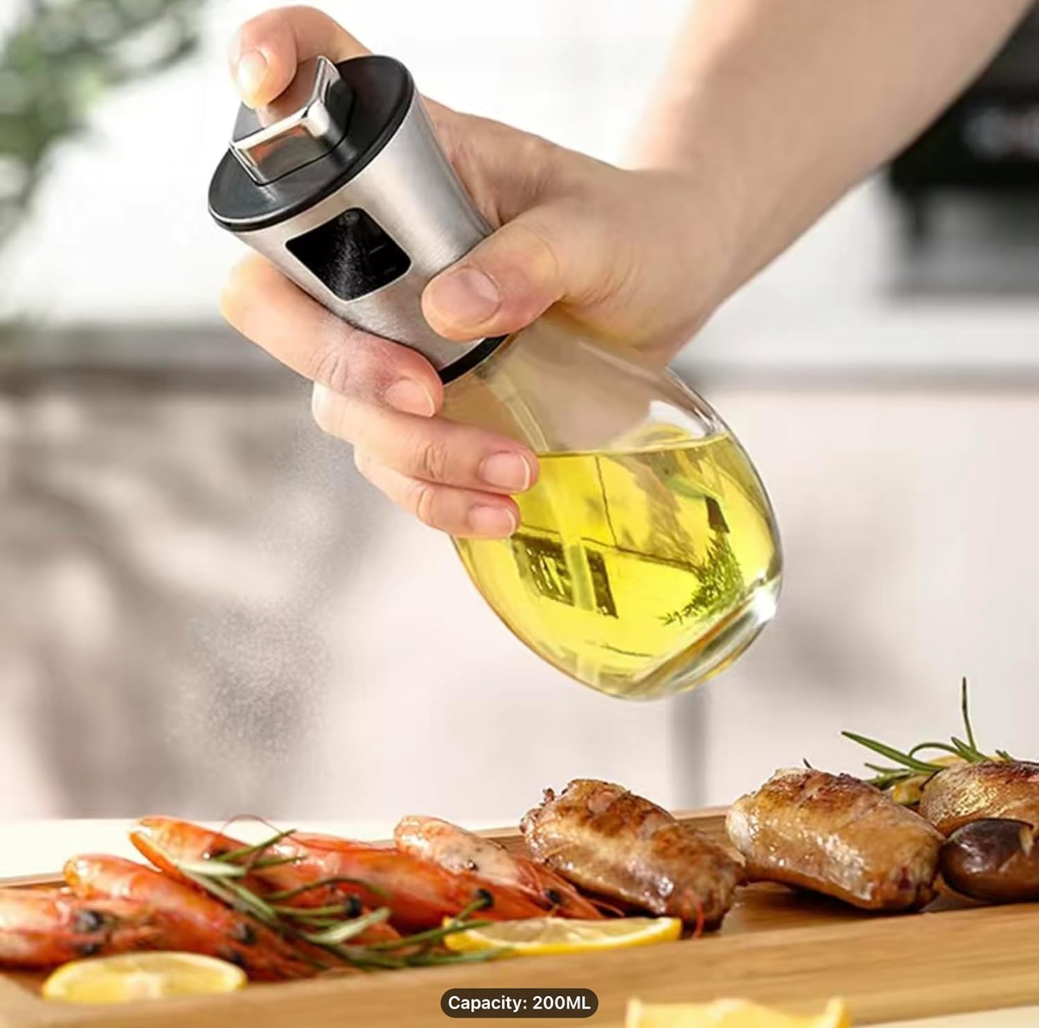 Oil Spray Pot, 200ml Cooking Oil Bottle, Stainless Steel Pump Oil Dispenser, BBQ Cookware Tool,  Leak Proof Bottles with Non Slip Handle, Automatic Cap and Stopper for Kitchen Cooking
