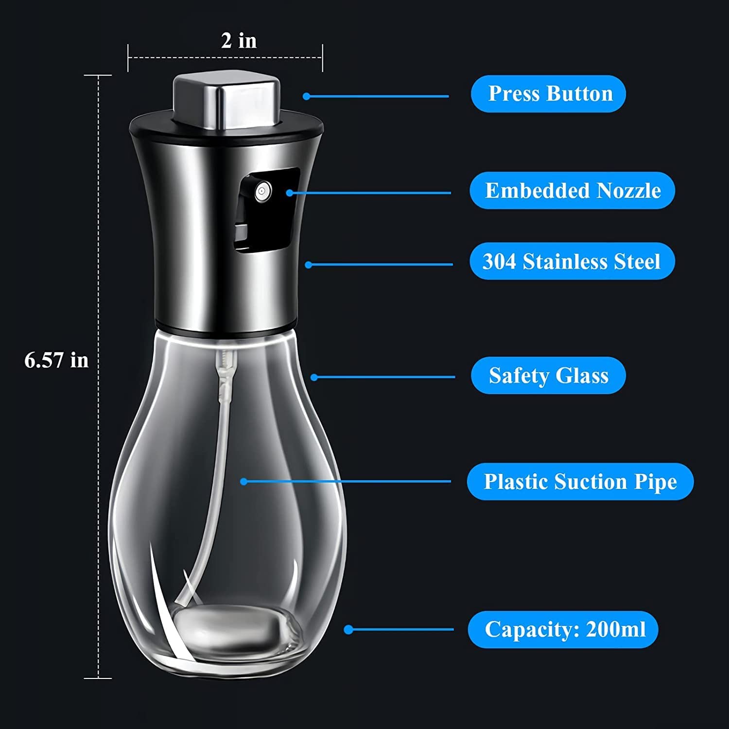 Oil Spray Pot, 200ml Cooking Oil Bottle, Stainless Steel Pump Oil Dispenser, BBQ Cookware Tool,  Leak Proof Bottles with Non Slip Handle, Automatic Cap and Stopper for Kitchen Cooking