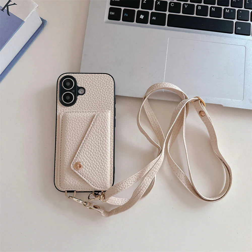 Crossbody Lanyard Necklace Strap Rope Leather Phone Case For iPhone 17 16 12 14 13 15 Pro Max XS 8 Plus Wallet Card Holder Cover