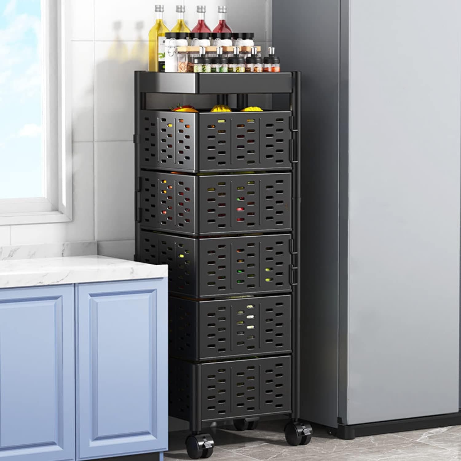 Square Multi Tier Rotating Storage Basket, 360° Rotating Fruit and Vegetable Stand, Kitchen Storage Rack with Mesh Baskets & Wheels, Mobile Kitchen Storage Fruit and Vegetable Holder