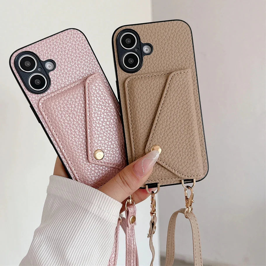 Crossbody Lanyard Necklace Strap Rope Leather Phone Case For iPhone 17 16 12 14 13 15 Pro Max XS 8 Plus Wallet Card Holder Cover