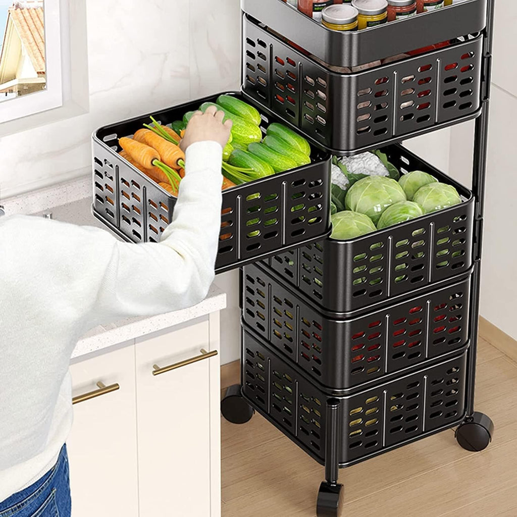 Square Multi Tier Rotating Storage Basket, 360° Rotating Fruit and Vegetable Stand, Kitchen Storage Rack with Mesh Baskets & Wheels, Mobile Kitchen Storage Fruit and Vegetable Holder