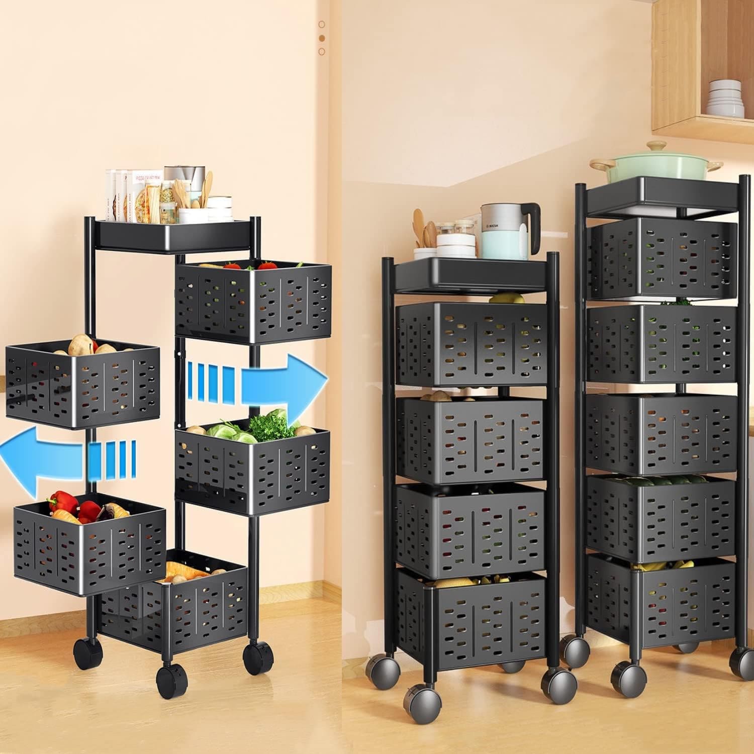 Square Multi Tier Rotating Storage Basket, 360° Rotating Fruit and Vegetable Stand, Kitchen Storage Rack with Mesh Baskets & Wheels, Mobile Kitchen Storage Fruit and Vegetable Holder