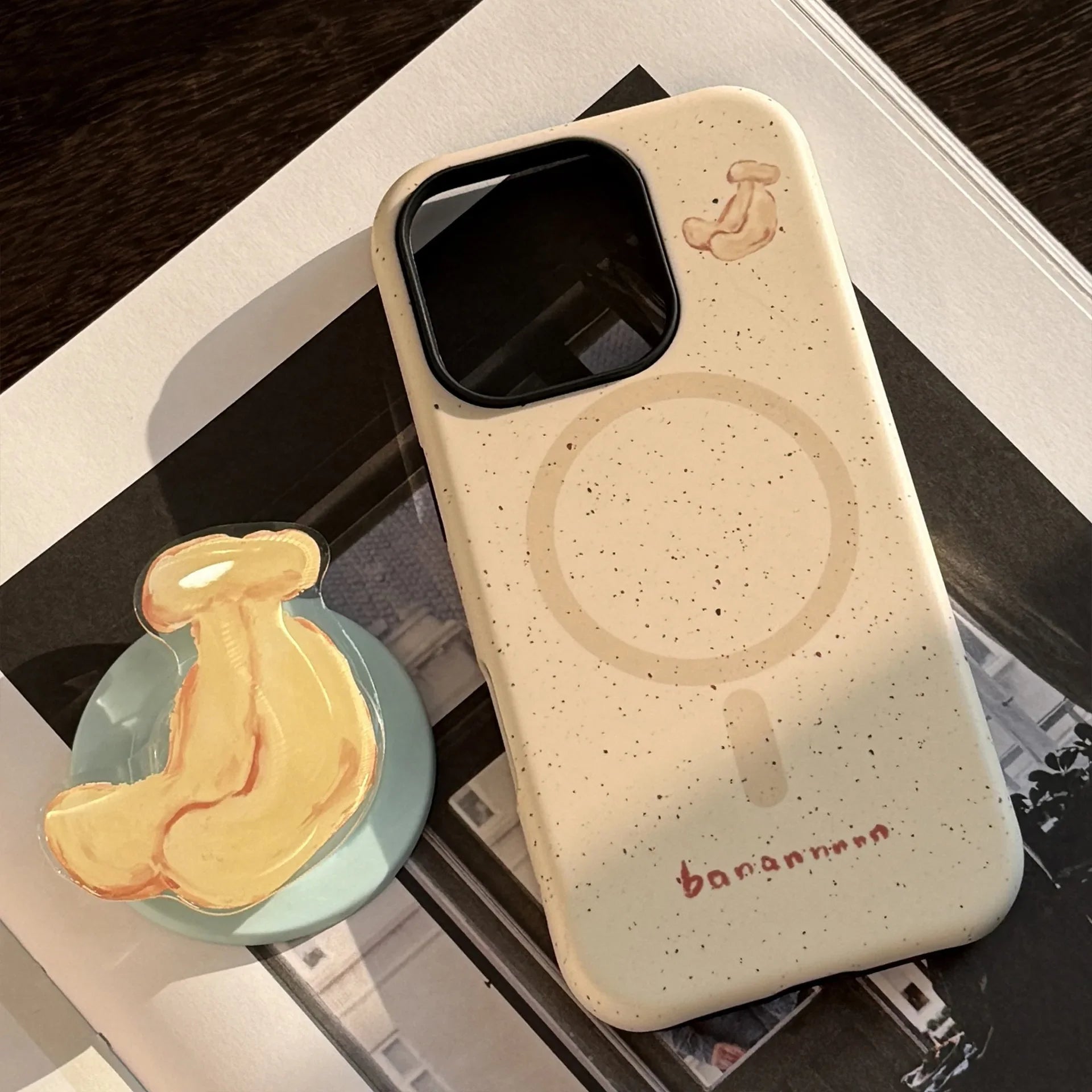 Korean splash-ink Cartoon Fruit Apple Banana Magnetic Holder Phone Case For iPhone 17 16 15 14 13 12 11 Pro Max Shockproof Cover