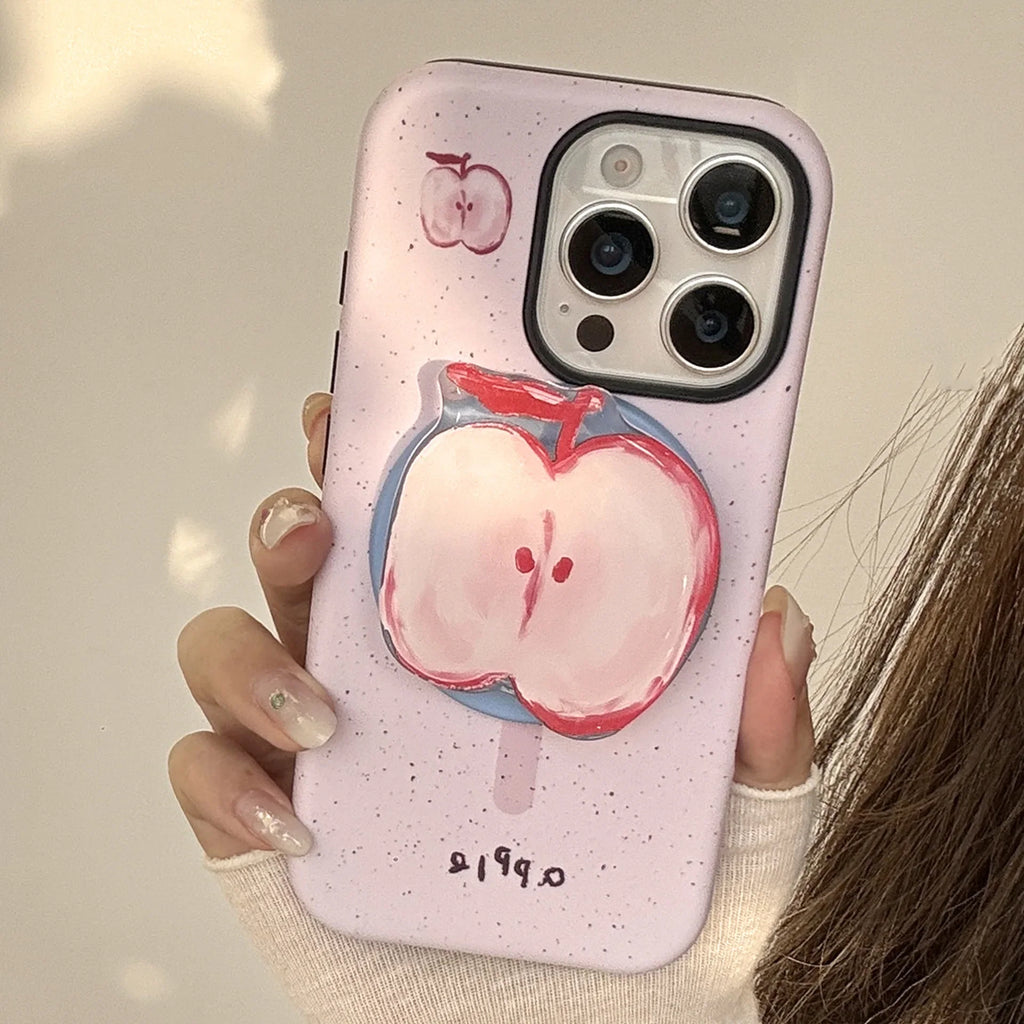 Korean splash-ink Cartoon Fruit Apple Banana Magnetic Holder Phone Case For iPhone 17 16 15 14 13 12 11 Pro Max Shockproof Cover