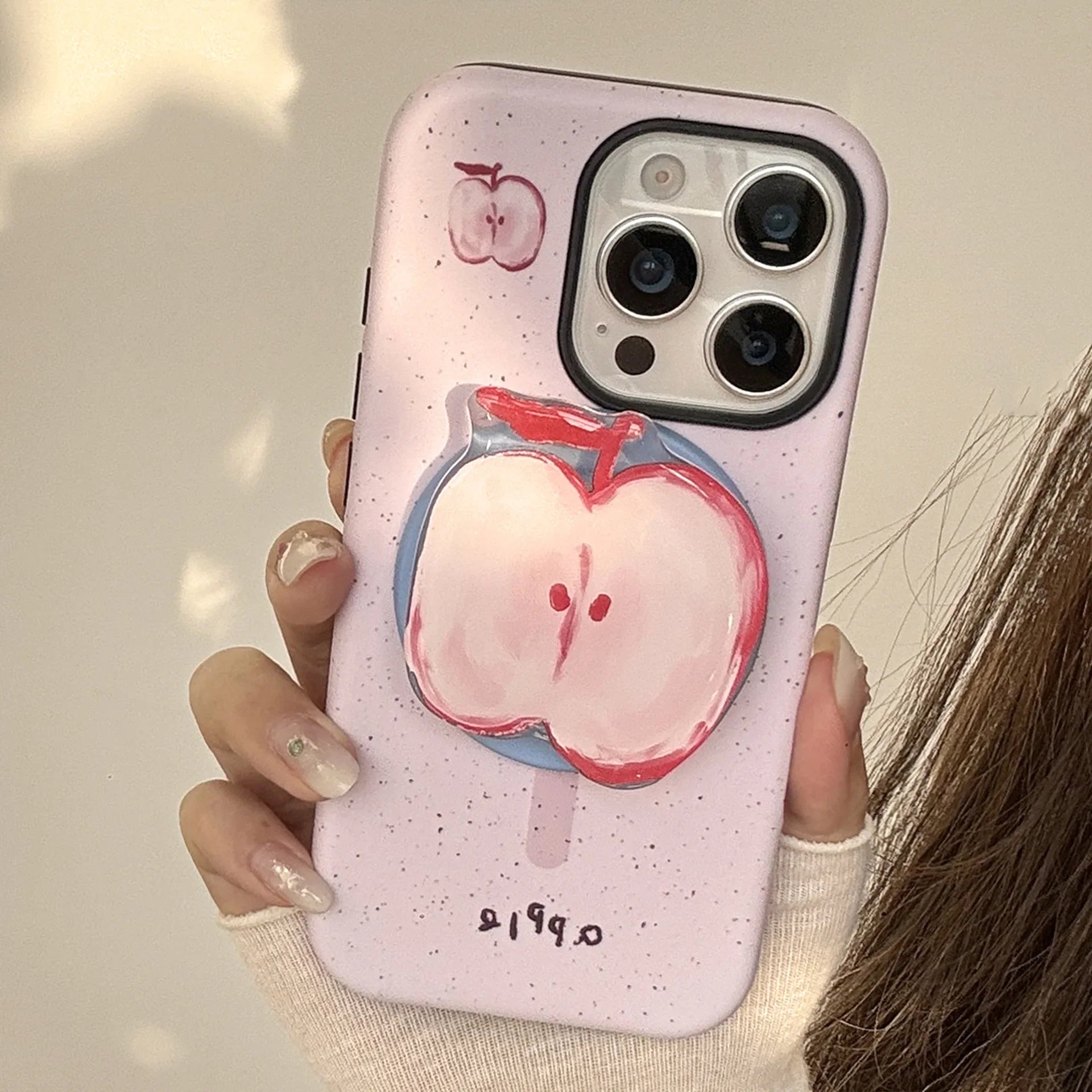 Korean splash-ink Cartoon Fruit Apple Banana Magnetic Holder Phone Case For iPhone 17 16 15 14 13 12 11 Pro Max Shockproof Cover