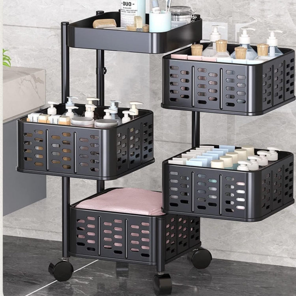 Square Multi Tier Rotating Storage Basket, 360° Rotating Fruit and Vegetable Stand, Kitchen Storage Rack with Mesh Baskets & Wheels, Mobile Kitchen Storage Fruit and Vegetable Holder