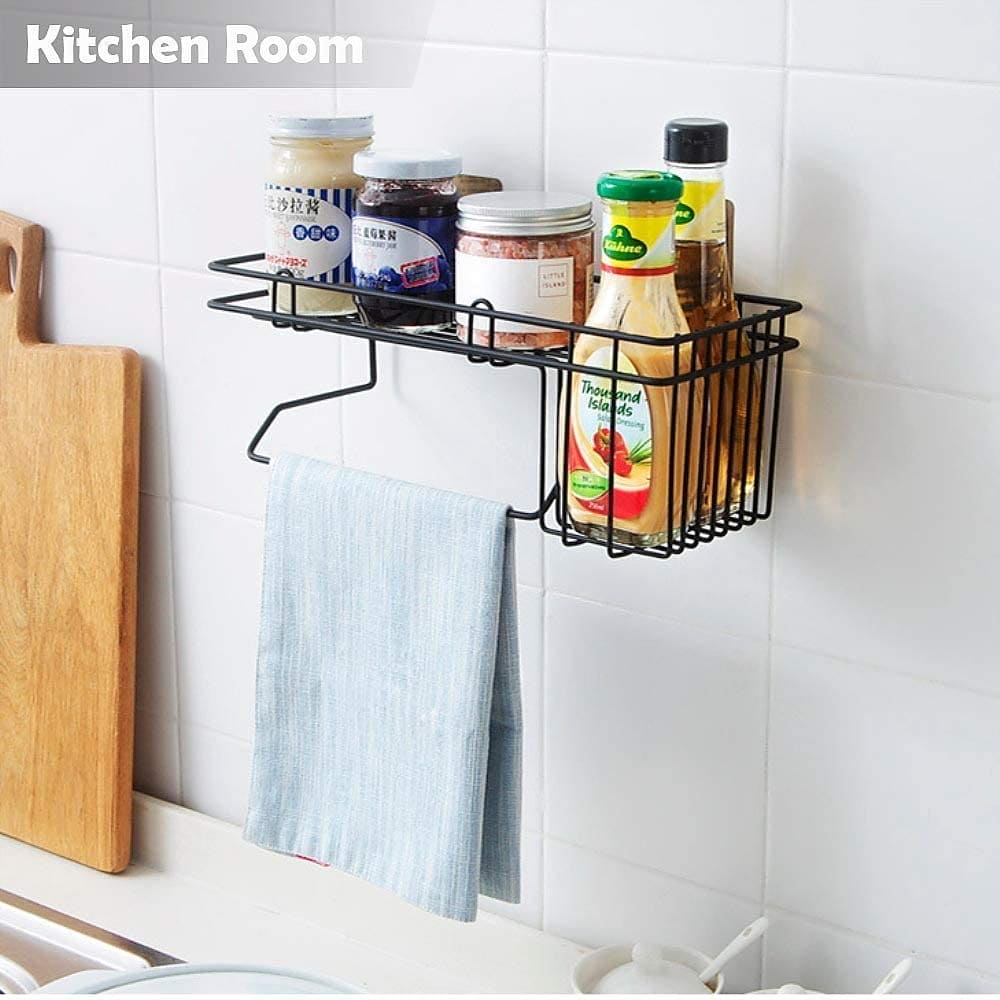 Corner Storage Caddy Basket, Kitchen Bathroom Magic Hanging Rack, Self Adhesive Wardrobe Hanging Organizer, Metal Wall Mounted Storage Shelf With Towel Hanging Rack, Home Kitchen Bathroom Wall Hanging Shelves