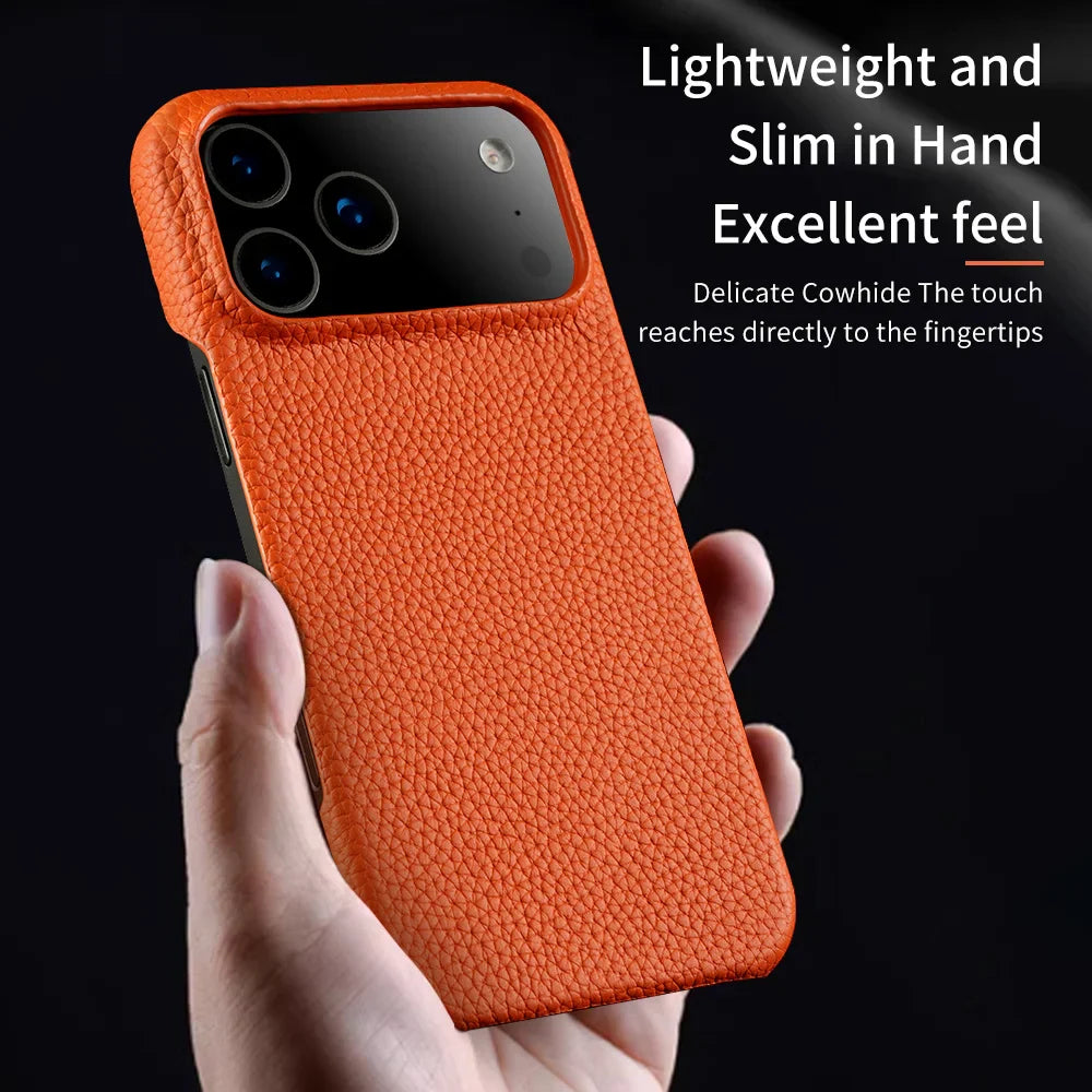 for Magsafe Case for iPhone 17 Air 15 16 Pro Max 17Pro Lychee Natural Cowhide Leather Magnetic Protector Luxury Phone Back Cover