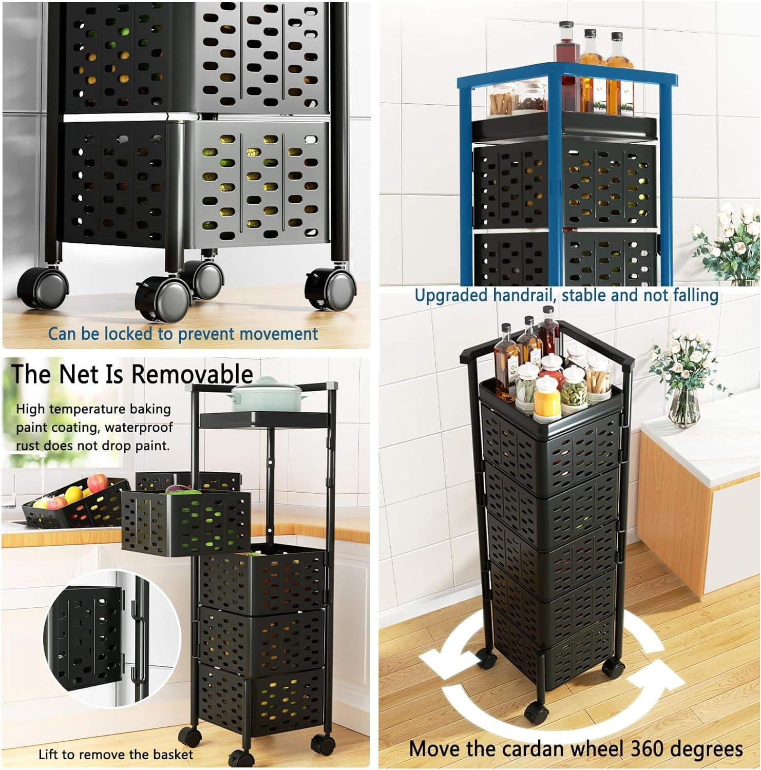 Square Multi Tier Rotating Storage Basket, 360° Rotating Fruit and Vegetable Stand, Kitchen Storage Rack with Mesh Baskets & Wheels, Mobile Kitchen Storage Fruit and Vegetable Holder