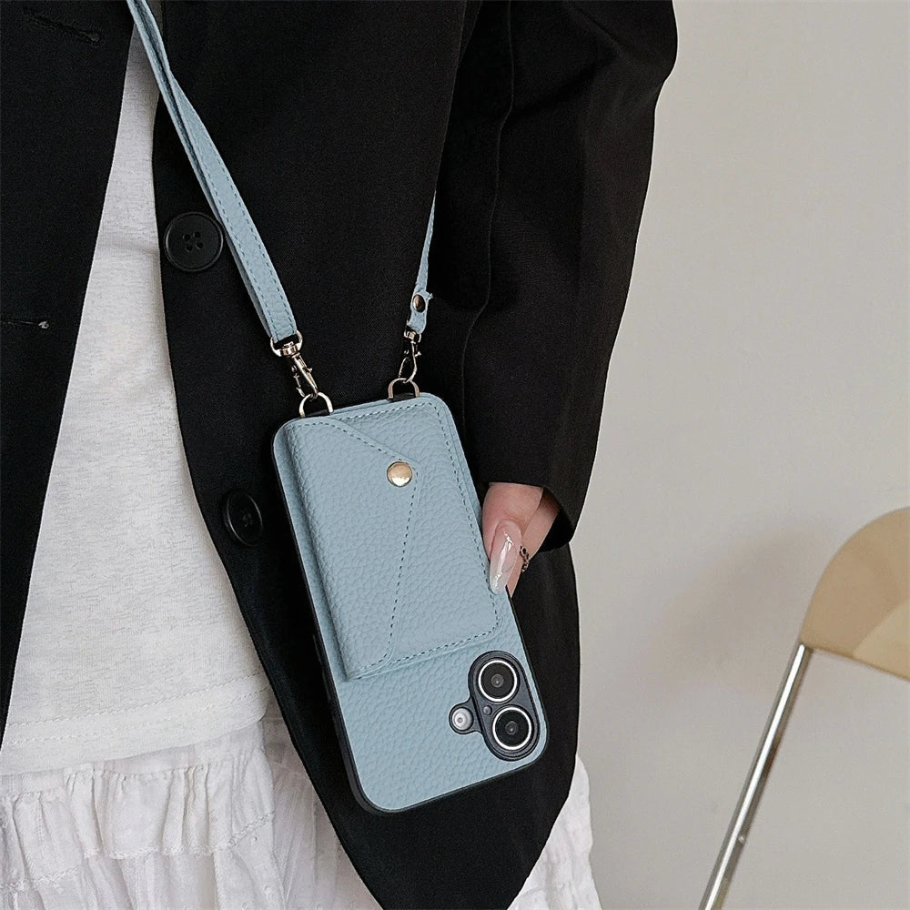 Crossbody Lanyard Necklace Strap Rope Leather Phone Case For iPhone 17 16 12 14 13 15 Pro Max XS 8 Plus Wallet Card Holder Cover