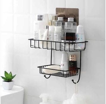2 Layer Multipurpose Wall Rack, Kitchen Bathroom Corner Shelf Organizer, Bathroom Shower Caddy Basket, Soap Dish Holder Shelf With Hooks, Hanging Shower Caddy Rack, Self Adhesive Storage Organizer