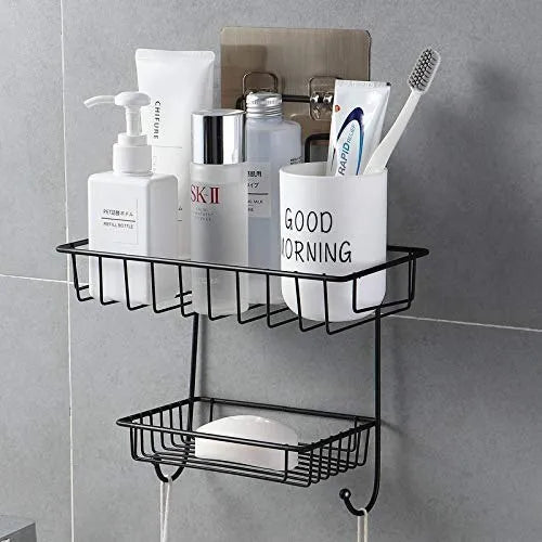 2 Layer Multipurpose Wall Rack, Kitchen Bathroom Corner Shelf Organizer, Bathroom Shower Caddy Basket, Soap Dish Holder Shelf With Hooks, Hanging Shower Caddy Rack, Self Adhesive Storage Organizer