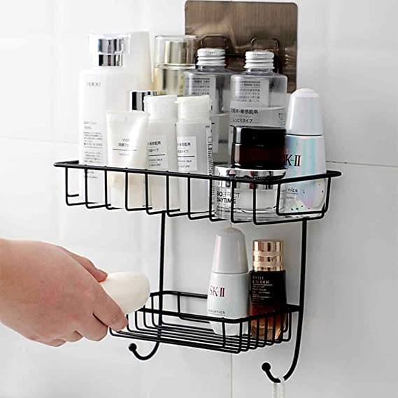 2 Layer Multipurpose Wall Rack, Kitchen Bathroom Corner Shelf Organizer, Bathroom Shower Caddy Basket, Soap Dish Holder Shelf With Hooks, Hanging Shower Caddy Rack, Self Adhesive Storage Organizer