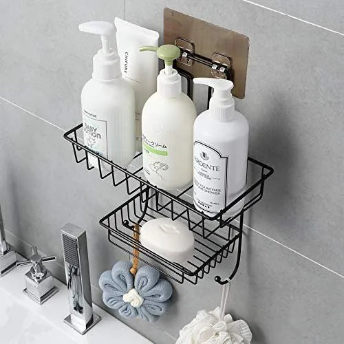2 Layer Multipurpose Wall Rack, Kitchen Bathroom Corner Shelf Organizer, Bathroom Shower Caddy Basket, Soap Dish Holder Shelf With Hooks, Hanging Shower Caddy Rack, Self Adhesive Storage Organizer