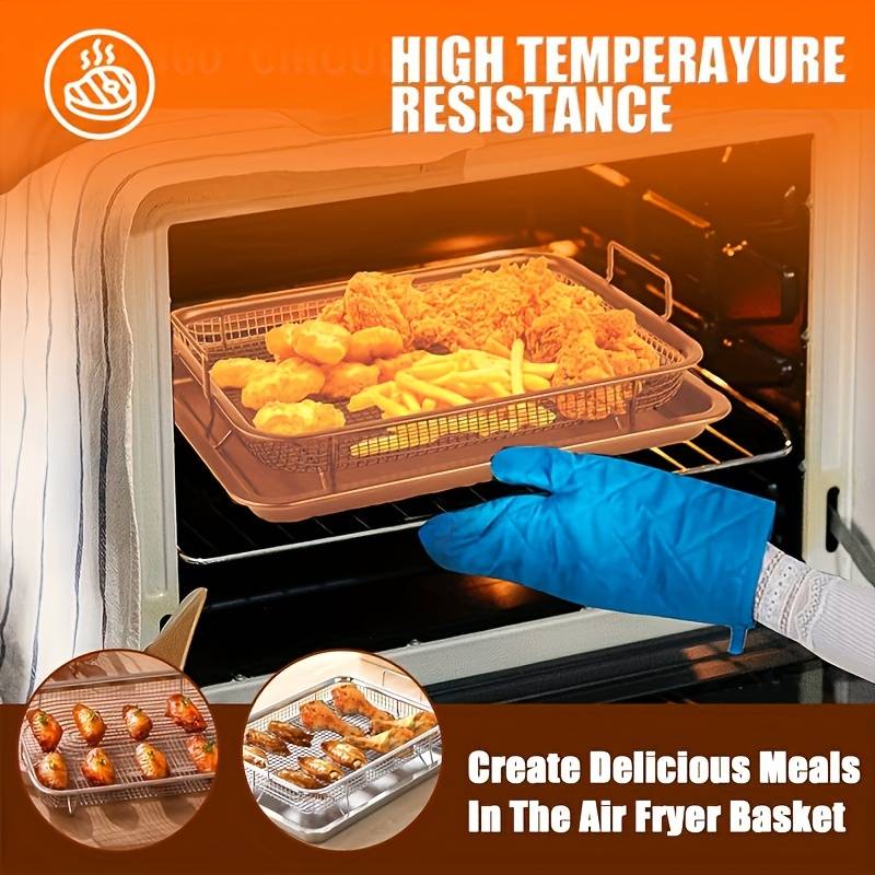 Set Of 2 Pcs Air Fryer Tray, Double Non Stick Crisper Tray, Multifunction Roasting Frying Basket, Heat Resistance Oven Grill Pan Basket, Cooling Grill Pan Plate With Handles