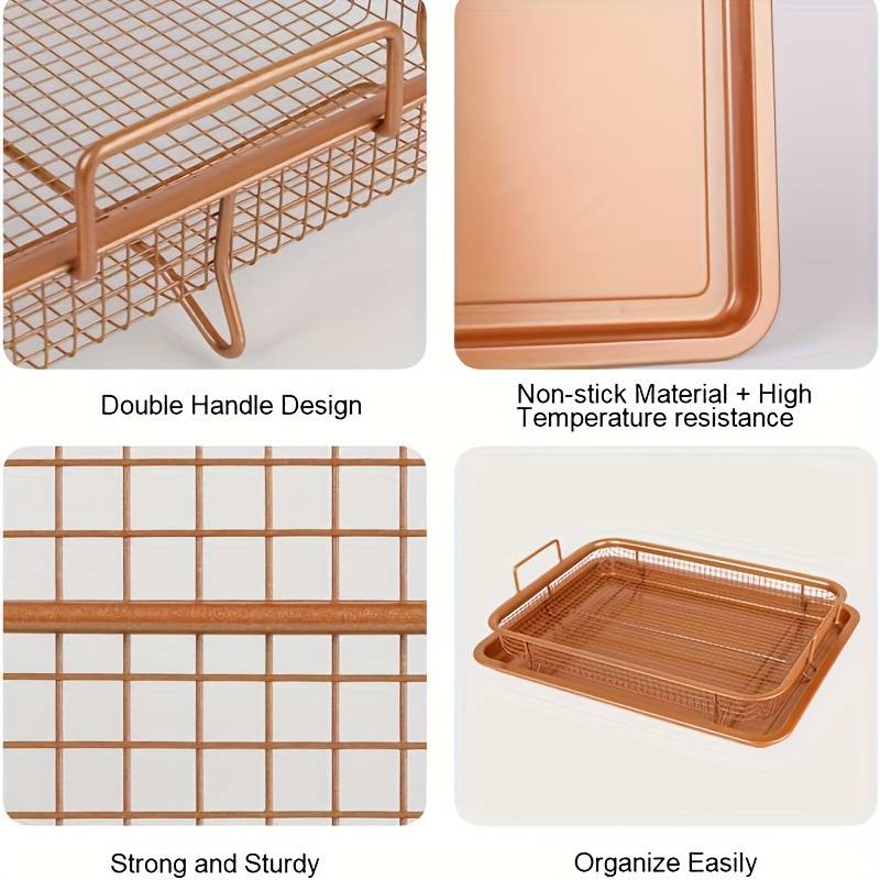 Set Of 2 Pcs Air Fryer Tray, Double Non Stick Crisper Tray, Multifunction Roasting Frying Basket, Heat Resistance Oven Grill Pan Basket, Cooling Grill Pan Plate With Handles