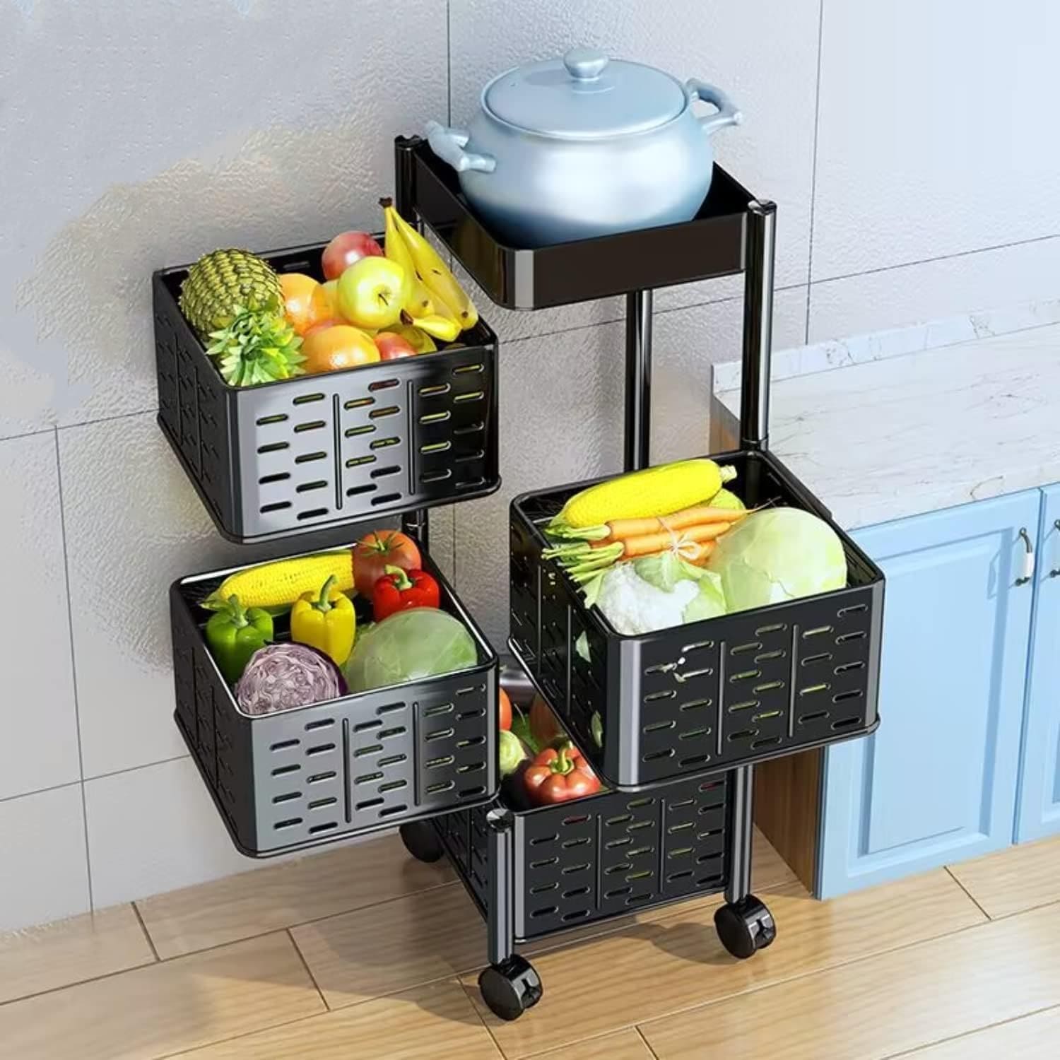 Square Multi Tier Rotating Storage Basket, 360° Rotating Fruit and Vegetable Stand, Kitchen Storage Rack with Mesh Baskets & Wheels, Mobile Kitchen Storage Fruit and Vegetable Holder