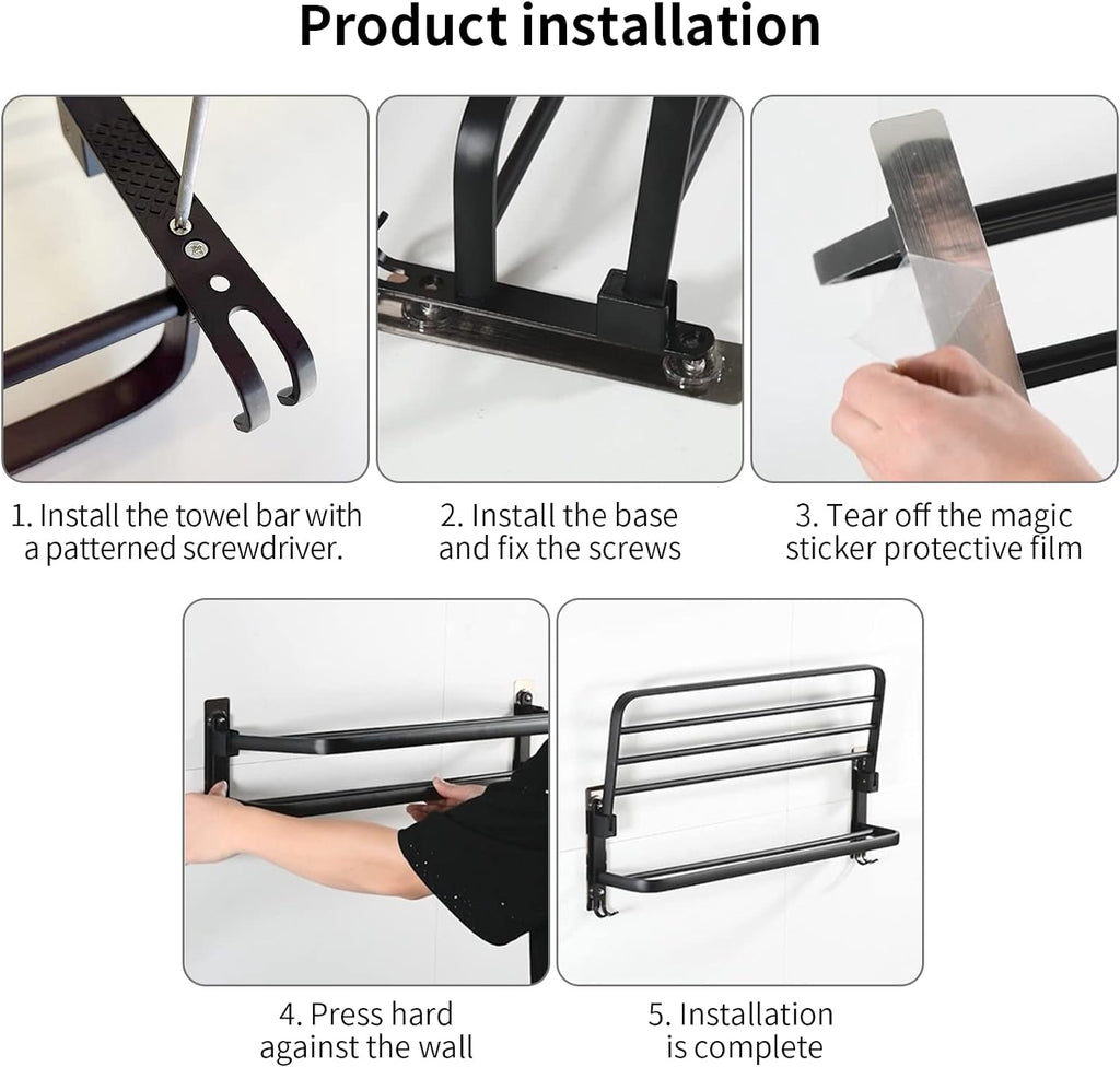 Double Folding Bath Towel Holder, Wall Matte Black Towel Rack, Bath Accessories Organizer, Self Adhesive Towel Bar, Aluminum Alloy Towel Rack, Kitchen Bathroom Shelves with Double Bar, Multifunction Double Towel Bracket