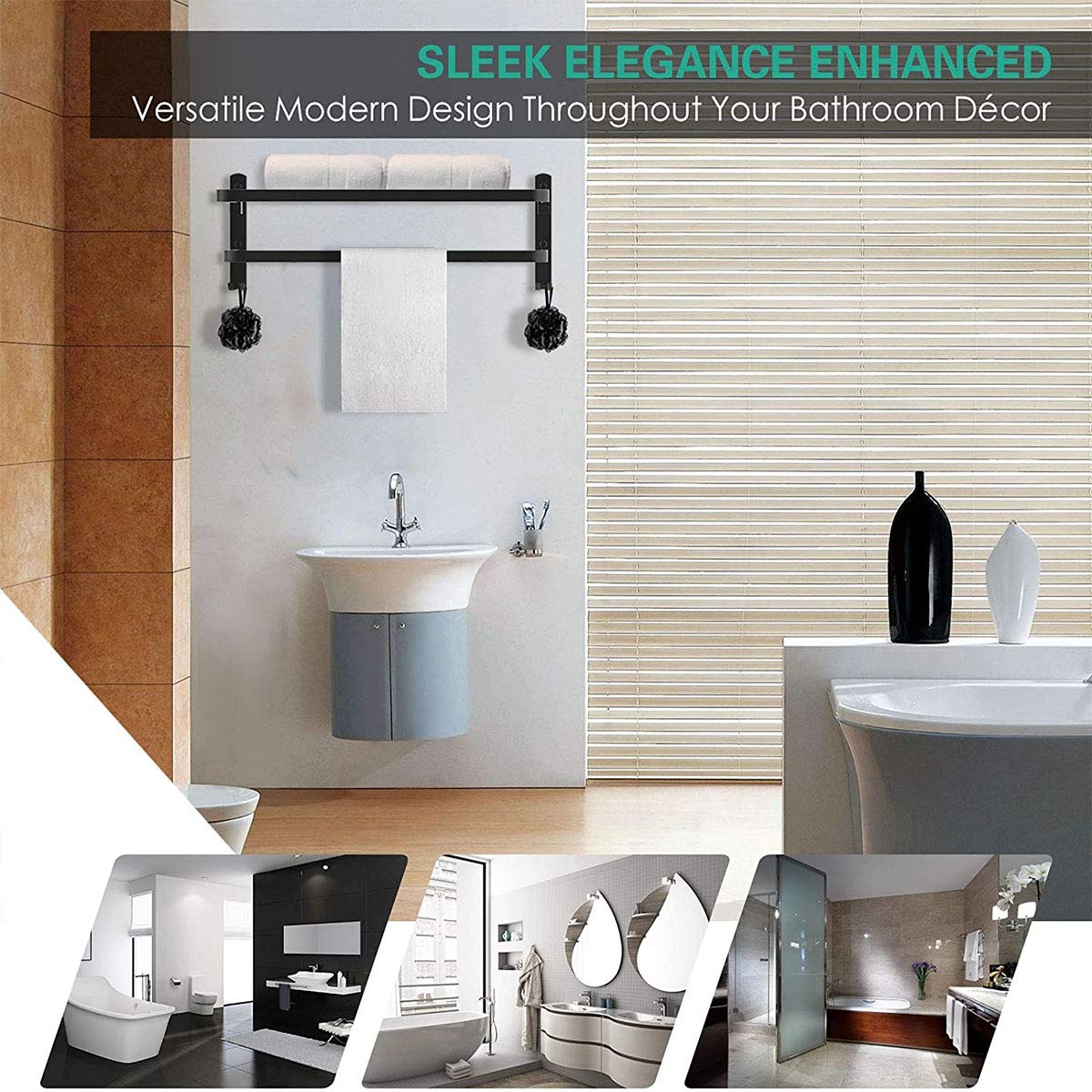 Double Folding Bath Towel Holder, Wall Matte Black Towel Rack, Bath Accessories Organizer, Self Adhesive Towel Bar, Aluminum Alloy Towel Rack, Kitchen Bathroom Shelves with Double Bar, Multifunction Double Towel Bracket