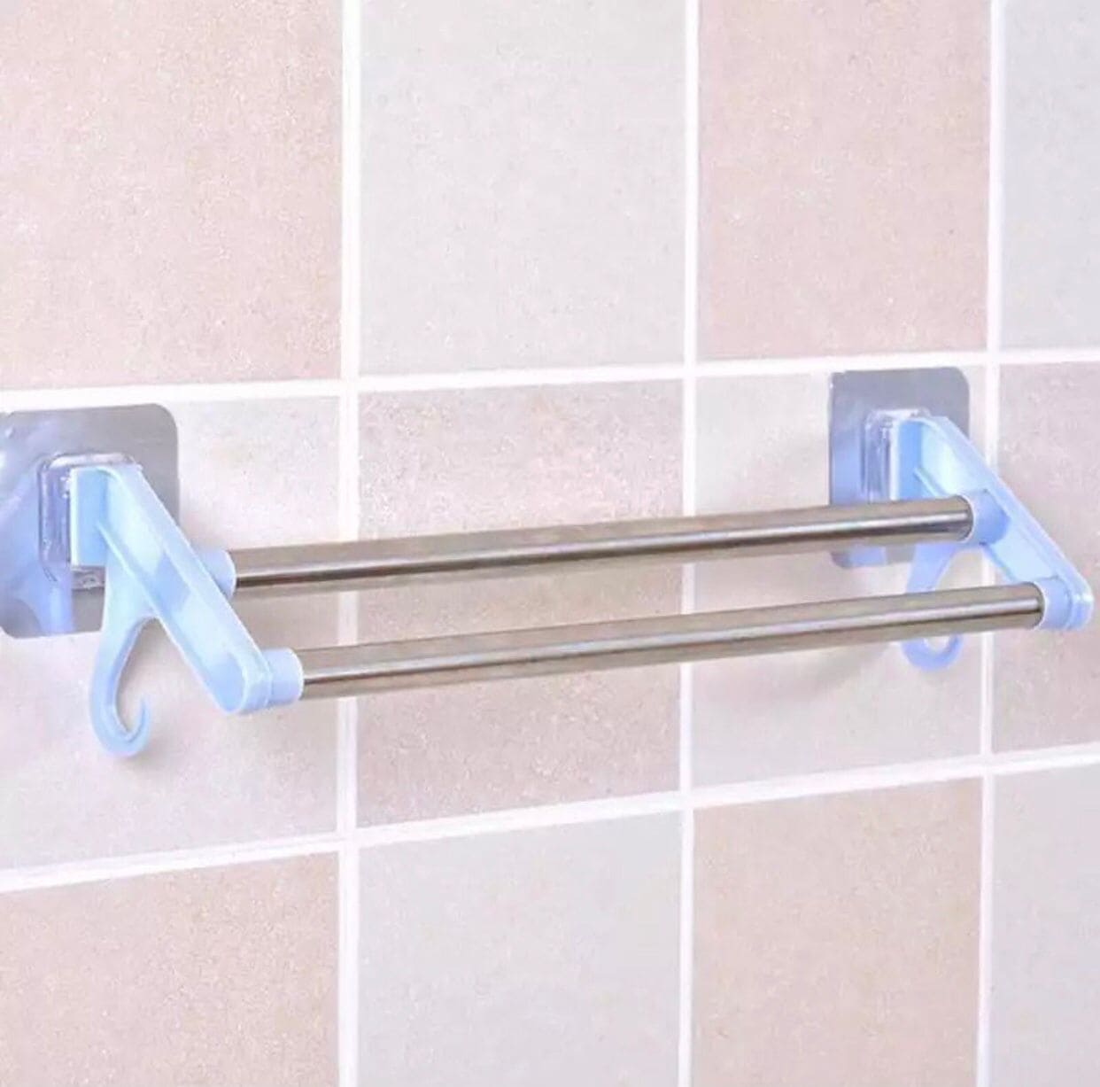 Stainless Steel Wall Mounted Double Shelf Bathroom Towel Rack, Self Adhesive Bath Wall Shelf with 2 Hooks, Wall Mounted Non Perforated Kitchen Utensils Rack