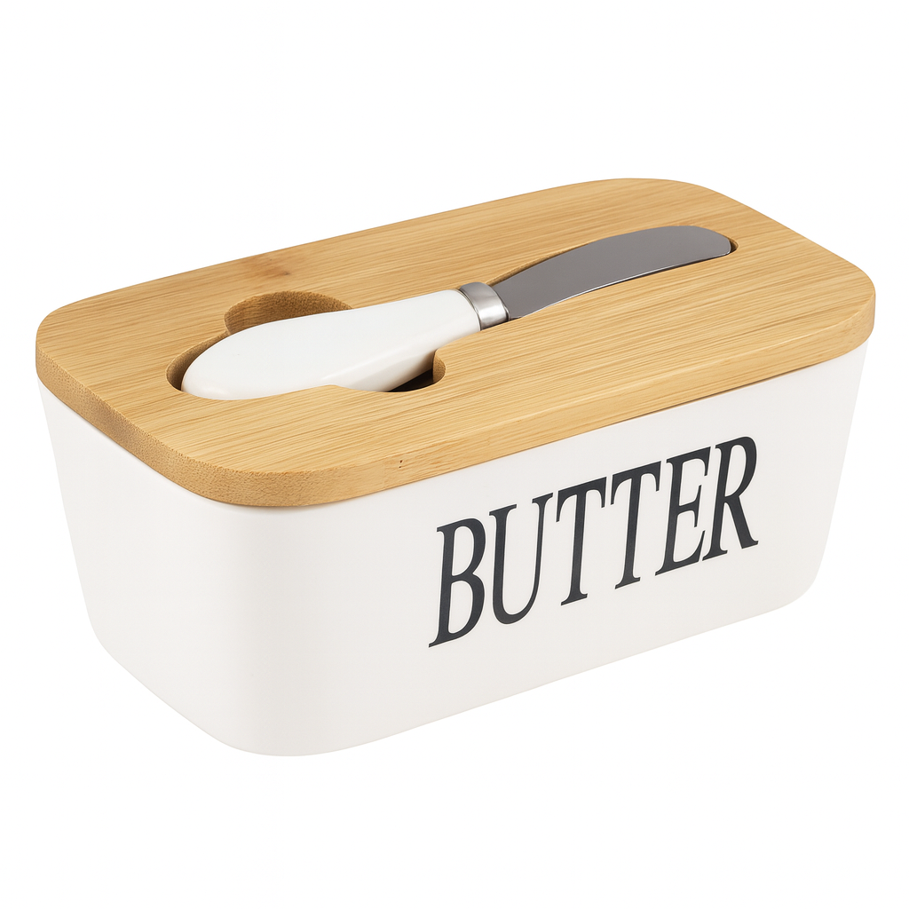 Ceramic Butter Dish with Bamboo Lid and Knife