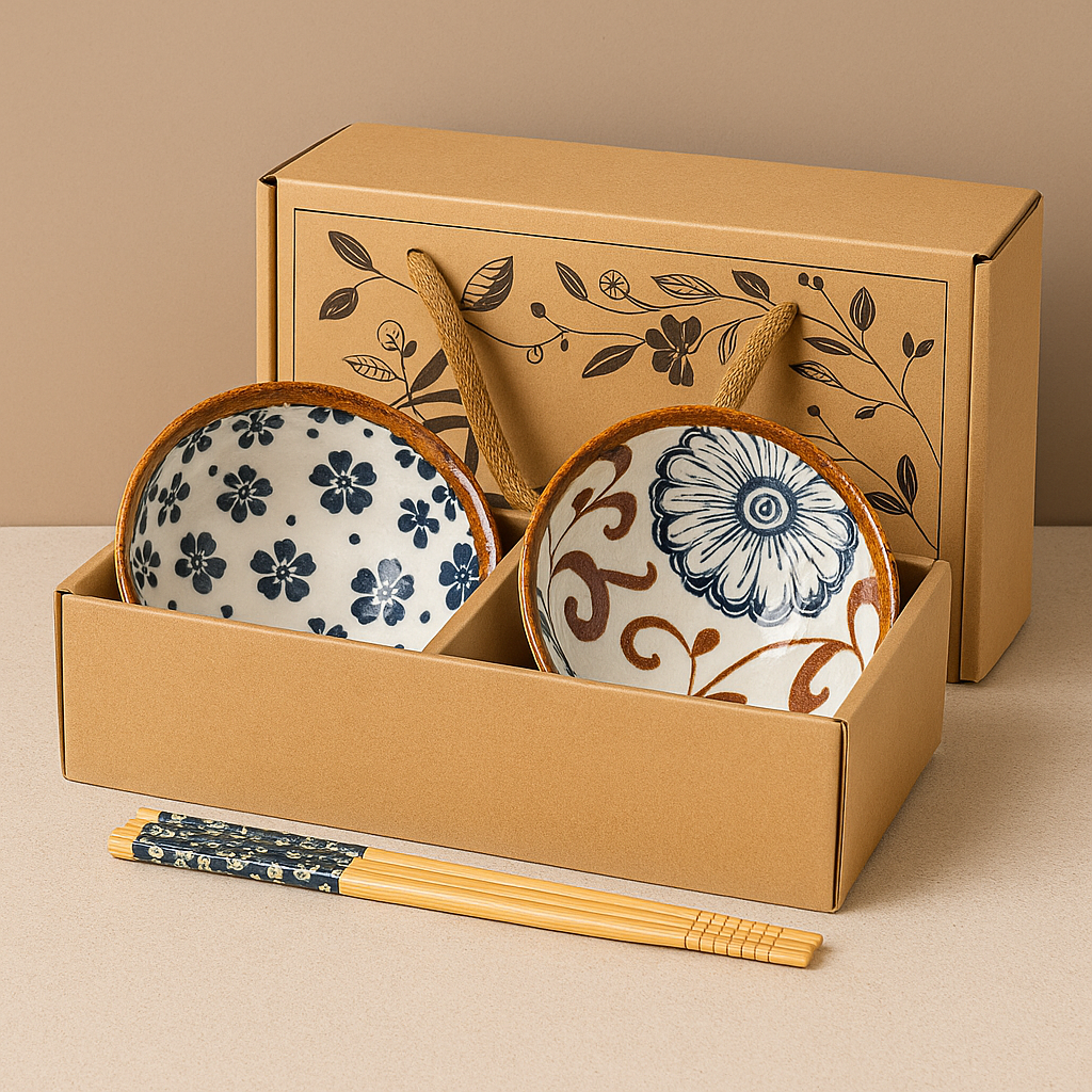 Japanese Floral Ceramic Bowls - Set of 2