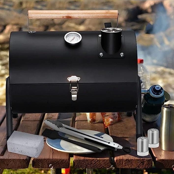 Round Folding BBQ Grill, Outdoor Tabletop Barbecue Grill, Multifunctional Portable Charcoal Grill, Compact Camping Grills for Outdoor Cooking, Smokey Charcoal Grill, Small Charcoal BBQ Grill Kitchen Cooking Tools, Counter Top Double Sided BBQ Oven
