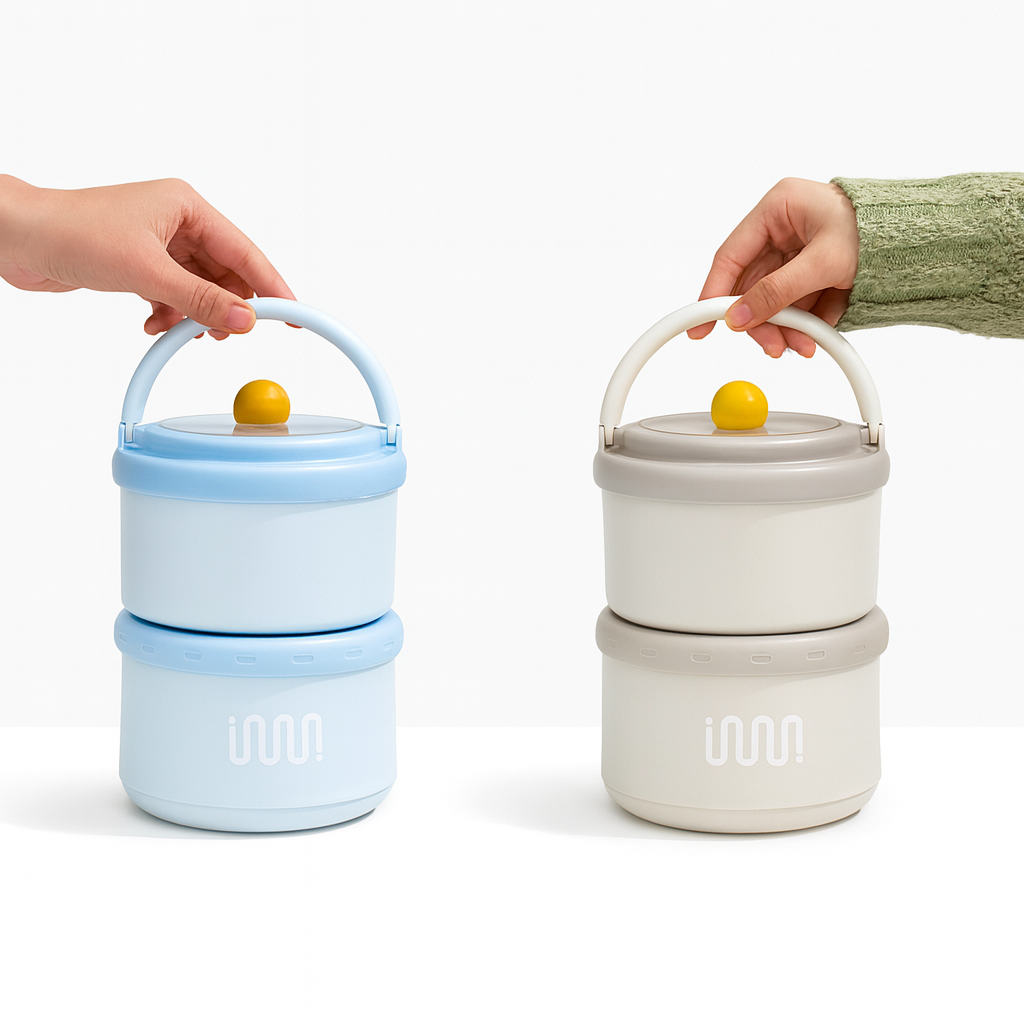 Stainless Steel 2Pcs Lunch Box with Foldable Spoon & Handle