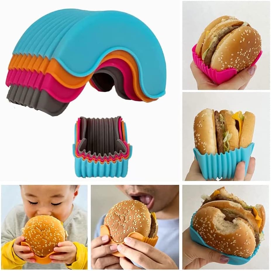 Hamburger Holder, Reusable Sandwiches Holder, Burger Buddy Clip Rack, Food Grade Silicone Burger Rack, Expandable Adjustable Burger Holder, Silicone Hamburger Clip, Anti Drop Hamburger Box, Washable Telescopic Hamburger Holder