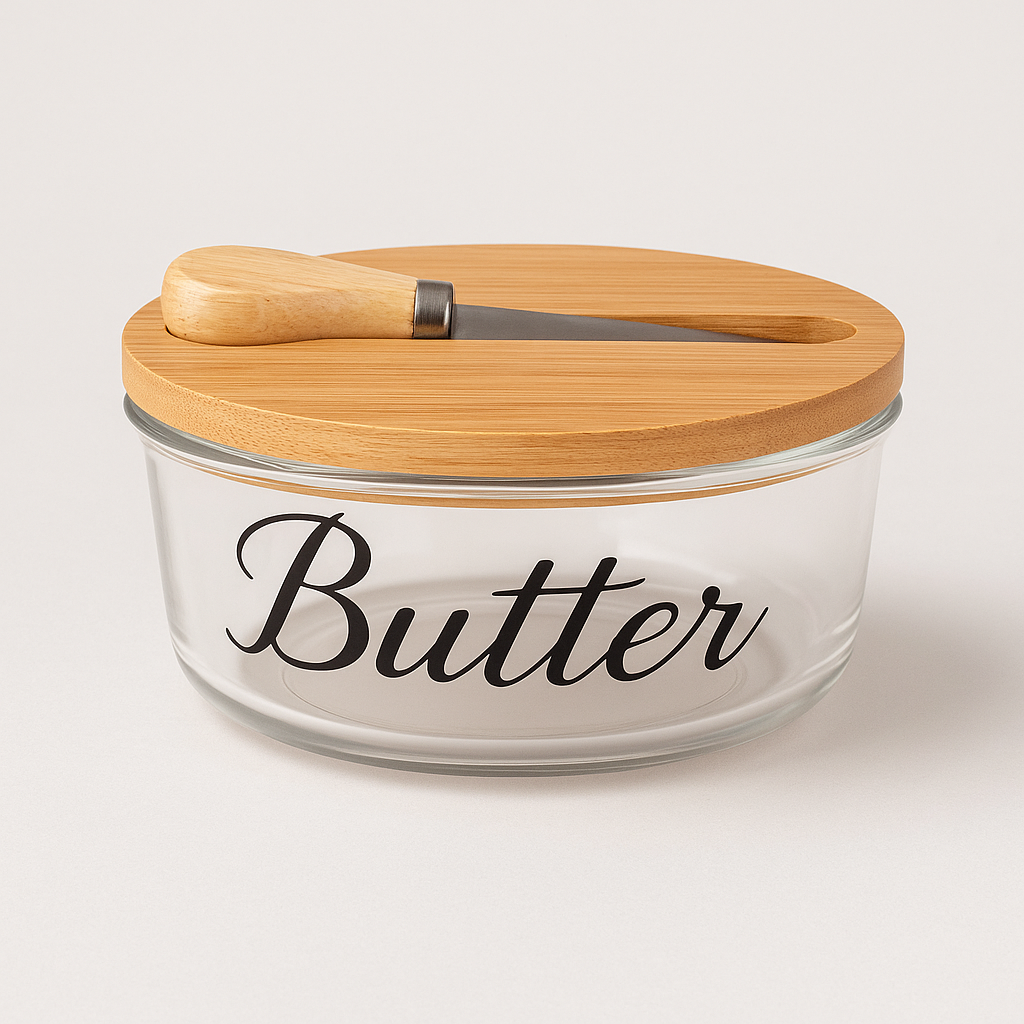 Glass Butter Dish with Wooden Knife