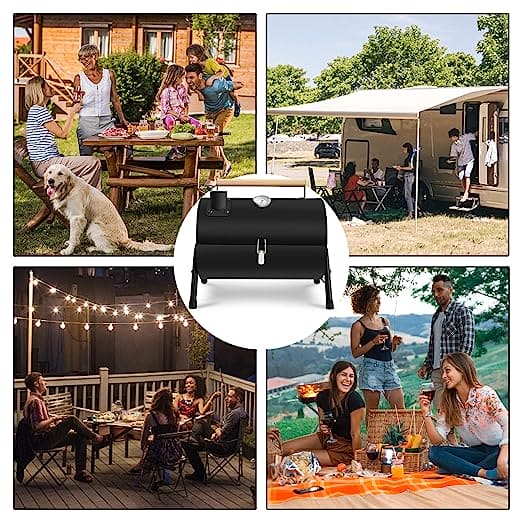 Round Folding BBQ Grill, Outdoor Tabletop Barbecue Grill, Multifunctional Portable Charcoal Grill, Compact Camping Grills for Outdoor Cooking, Smokey Charcoal Grill, Small Charcoal BBQ Grill Kitchen Cooking Tools, Counter Top Double Sided BBQ Oven
