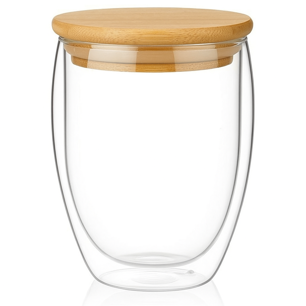 Double-Walled Glass Coffee Cup with Wooden Lid