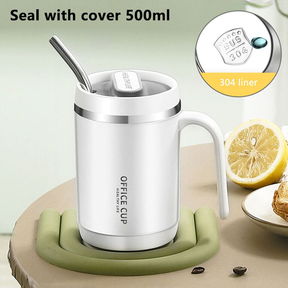 500ml Travel Carry Mug With Handle, Stainless Steel Thermos with Cup Lid, Household Office Insulated Mug, Double Anti-scald Thermal Mug, Large Capacity Beverage Cup, Home Office Coffee Mug, Coffee Milk Juice Mug with Straws &Lids Kitchen Drinkware