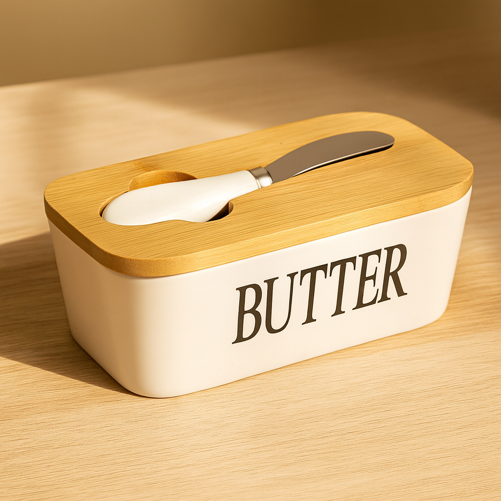 Ceramic Butter Dish with Bamboo Lid and Knife