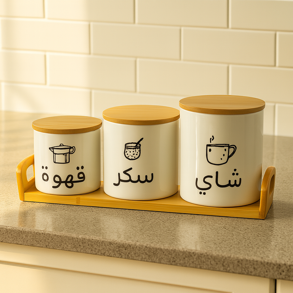 Ceramic Tea Coffee Sugar Jar Set (Arabic)