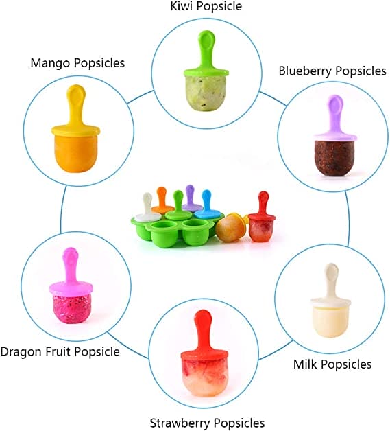 Silicone 7 Grids Fruit Shake Ice Cream Maker Mold, Silicon Popsicle Mold Tray, Portable Ice Cream Container, Fruit Shake Cream Ball Lolly Maker, Multi-Purpose Popsicle Mold, Baby Food Mold Popsicle Stick