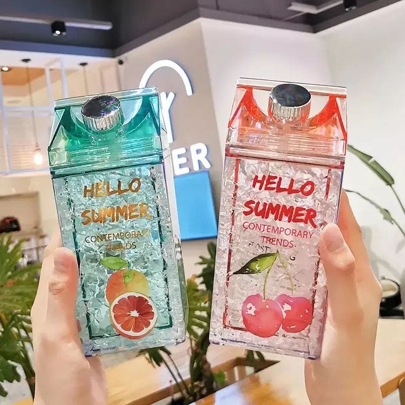 Hello Summer Water Bottle, Double Straw Cold Drink Cup, Creative Milk Box Style Water Bottle, Outdoor Thermos Cup, Summer Glass Drinking Water Bottle