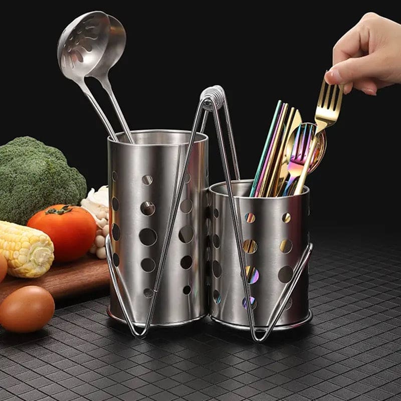 Double Cutlery Drain Rack, Double Handle Chopstick Spoon Rack, Stainless Steel Kitchen Cutlery Box, Spoons Forks Knife Utensils Organizer, Kitchen Storage Tube Barrel Tableware Rack, Caddy Cutlery Utensil Holder