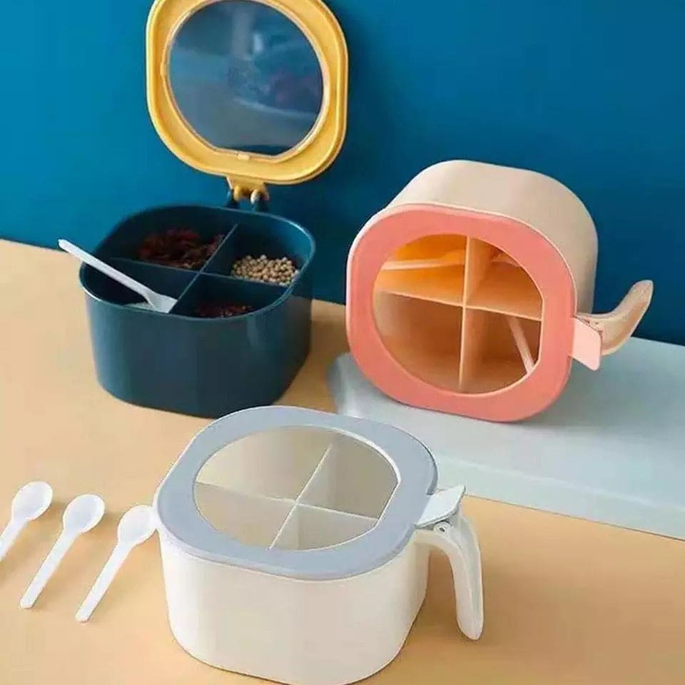 4 in 1 Seasoning Box With Spoon, Clear Cover Multi Compartment Herb Spice Jar, Salt Jar Kitchen Storage Organizer