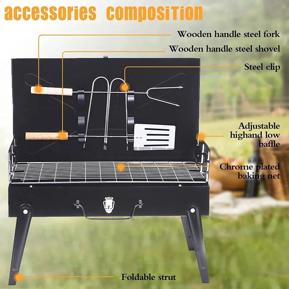 Briefcase Folding BBQ Grill, Outdoor Stainless Steel BBQ Grill, Travel Picnic Camping Grill, Patio Barbecue Charcoal Grill, Garden Outdoor Travel Picnic Folding Charcoal Grill, Compact Foldable Grill