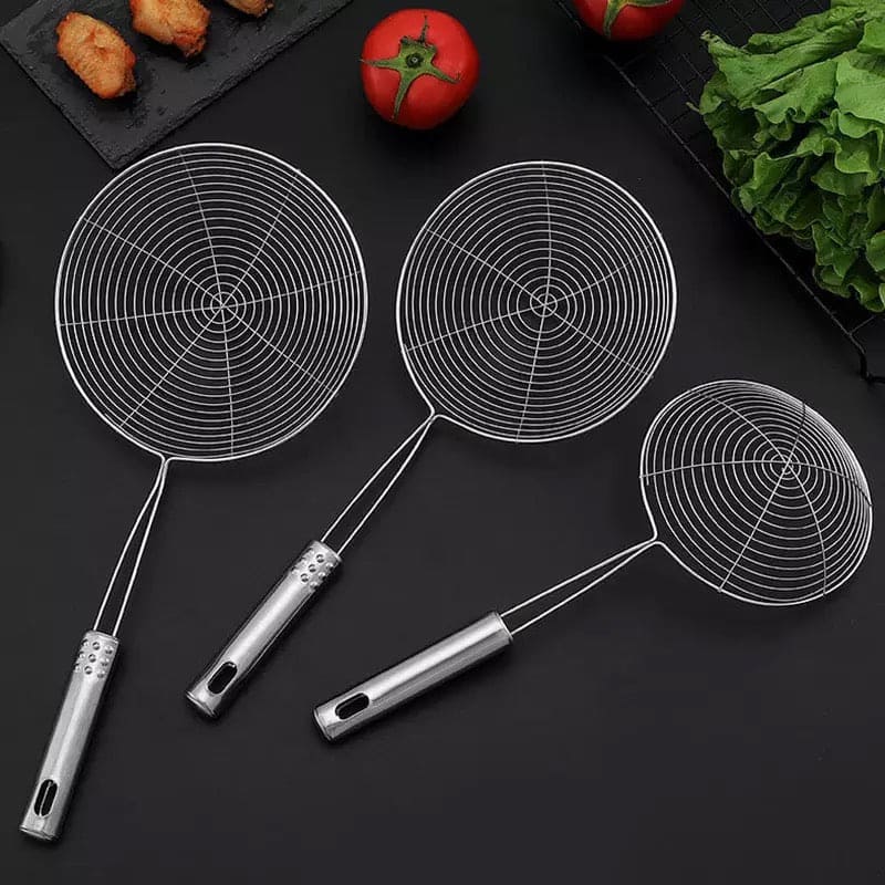 Home Kitchen Strainer, Stainless Steel Oval Skimmer, Oil Pot Food Filter, Round Stainless Steel Frying Food Colander With Long Handle, Dumplings Chaffy Dish Strainer, Kitchen Noodle Scoop Fried Strainer, Wire Fine Mesh Oil Strainer