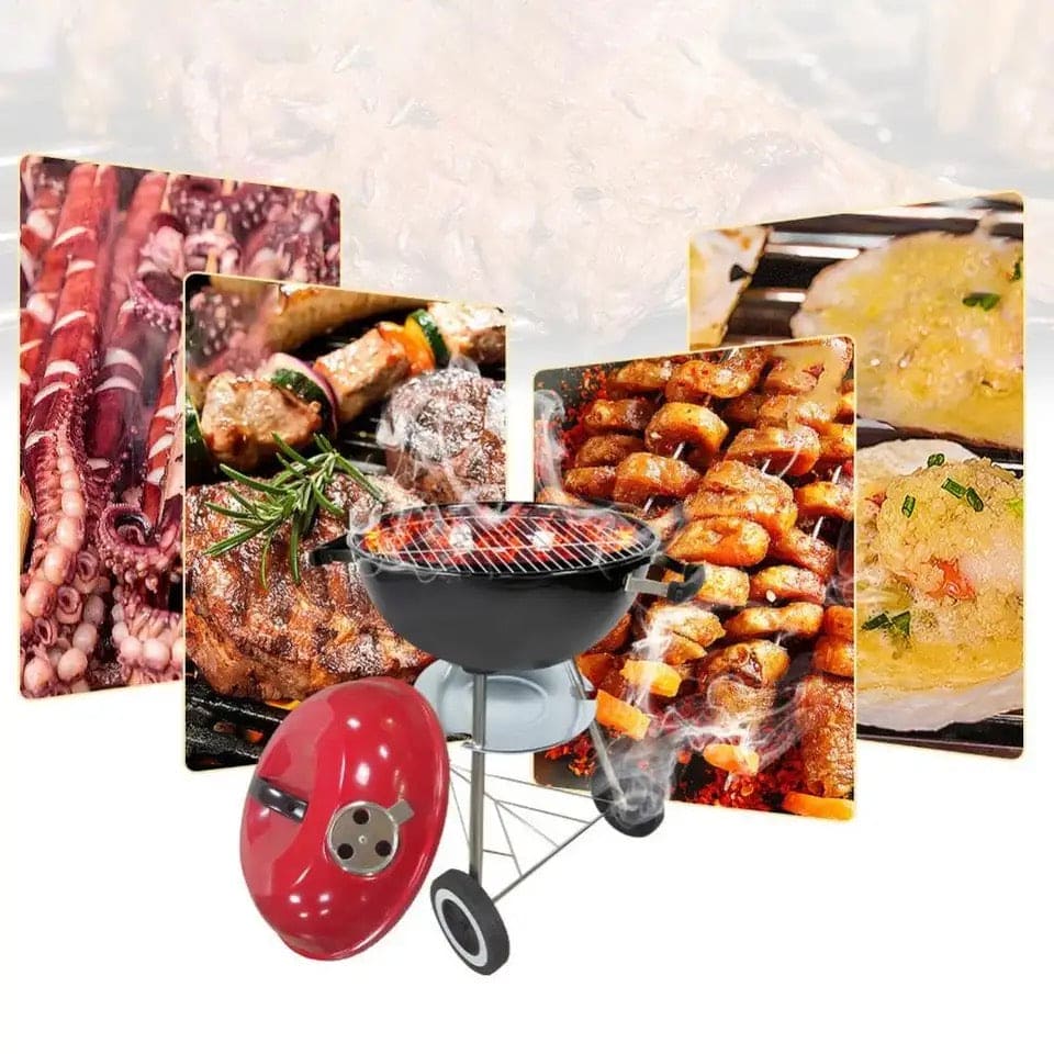 Charcoal Barbecue Grill, Barbecue Smoker Grill For Outdoor Cooking Camping, Heat Control Round BBQ Kettle, Portable Picnic Oven, Foldable Kebab Stove, Football Style BBQ Grill And Oven With Moving Stand, Trolley Grill Kettle