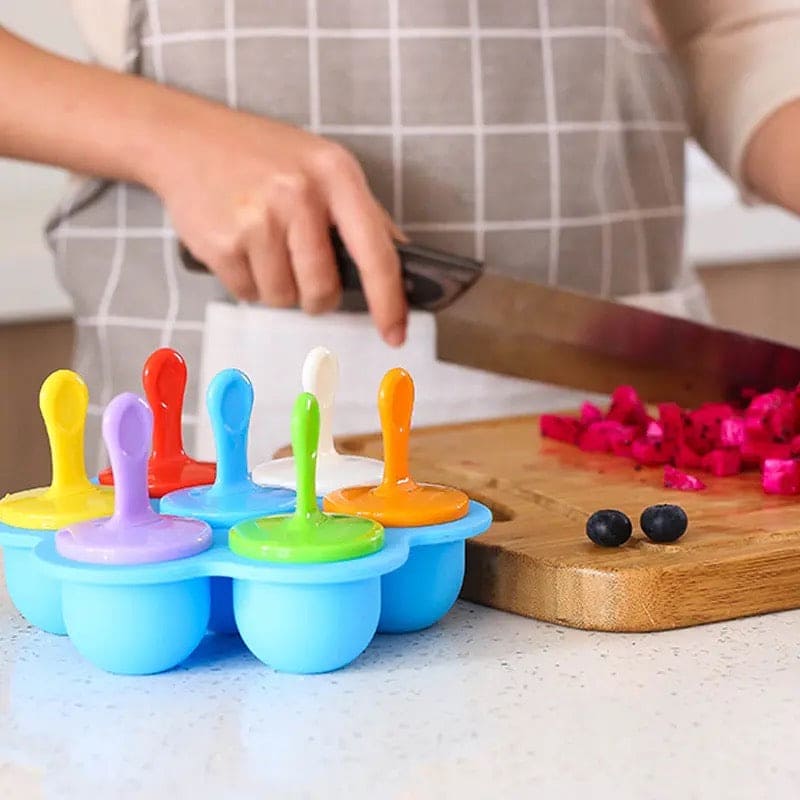 Silicone 7 Grids Fruit Shake Ice Cream Maker Mold, Silicon Popsicle Mold Tray, Portable Ice Cream Container, Fruit Shake Cream Ball Lolly Maker, Multi-Purpose Popsicle Mold, Baby Food Mold Popsicle Stick