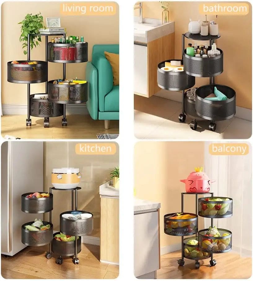Round Multi Tier Rotary Storage Basket, 360 Degree Rotatable Kitchen Shelf, Multilayer Living Room Basket, Multifunction Fruit And Vegetable Basket, Storage Basket Rack, Floor Stand Multi Tier Drawer Rolling Trolley Cart
