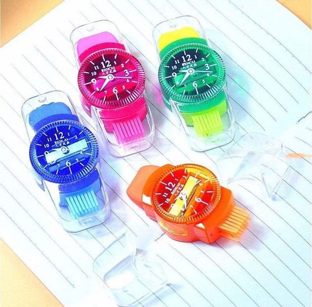 Creative 3 in 1 Pencil Sharpener, Creative Wristwatch Modelling Pencil Sharpener With Eraser And Brush