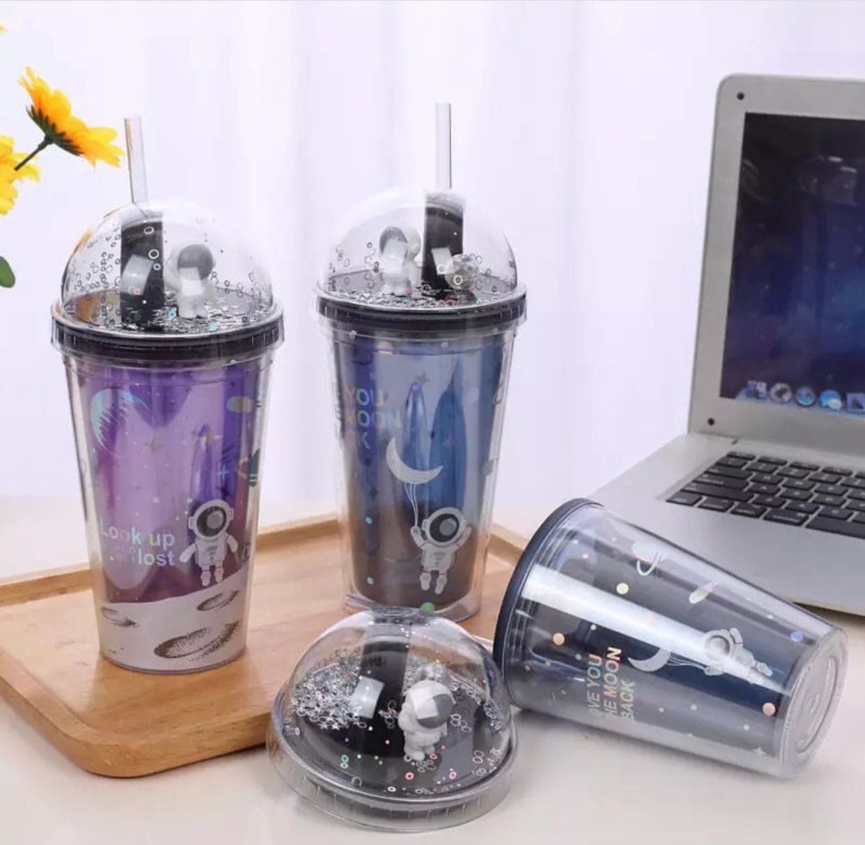 450ml Unisex Double Layer Creative Space Wandering Theme Heat Insulated Straw Cup, Summer Straw Ice Cup, Large Capacity Plastic Water Bottle