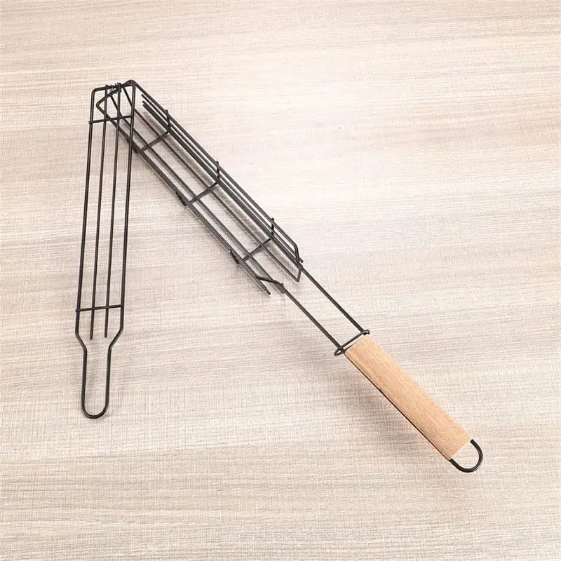 Portable BBQ Grilling Basket, Stainless Steel Nonstick Barbecue Grill Basket, Wooden Handle Barbecue Grill Basket, Barbecue Grill Mesh Rack, Coating Clamp Holder, Barbecue Picnic Camping Tools, Reusable Anti Corrosion Wooden Handle Barbecue Tool